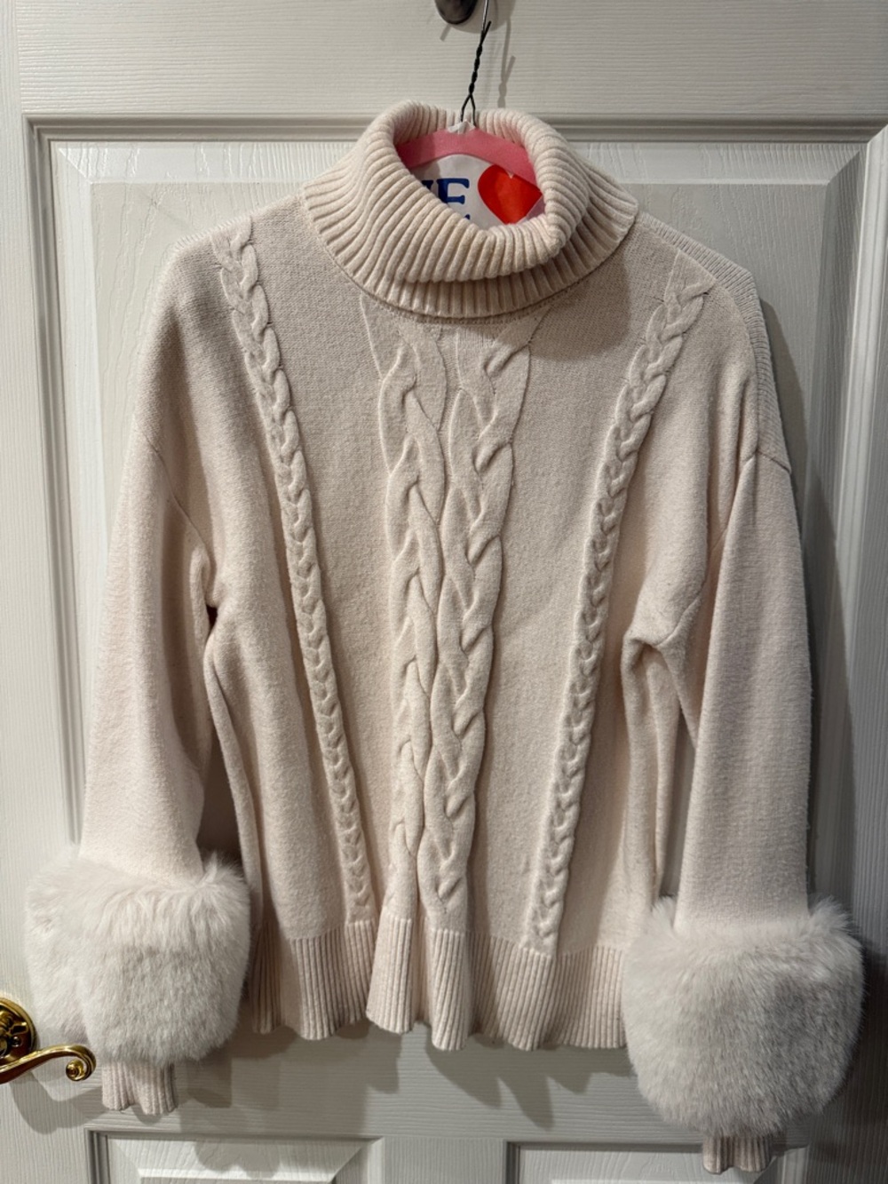 Saks 5th Avenue Cozy Cream Cable-Knit Turtleneck Sweater with Faux Fur Cuffs